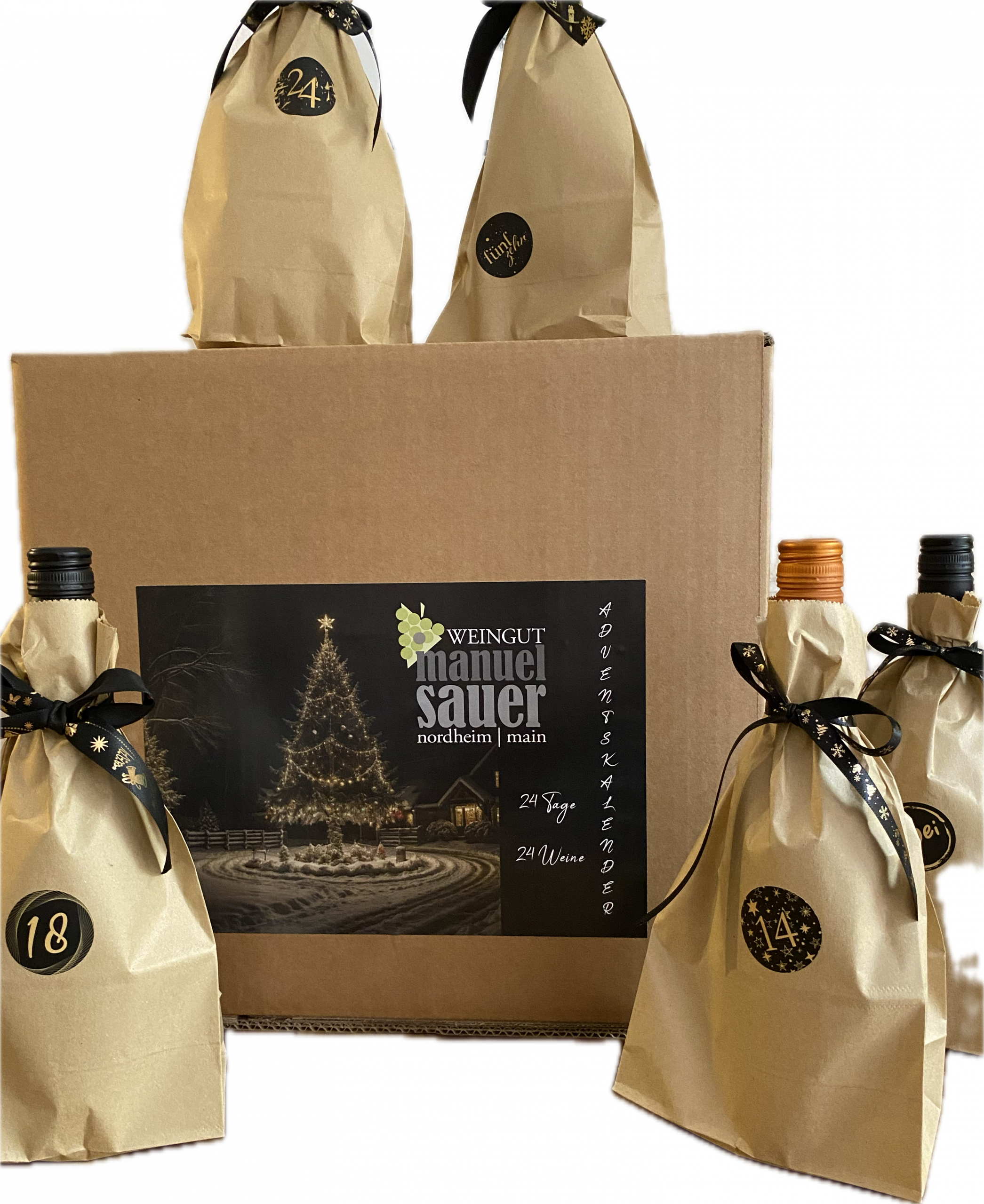 Produktbild von: <br>Artikel-Nr.: Adventskalender<br>2024 Silvaner feinfruchtig 0,75l, 2024er Bacchus alte Reben trocken 0,75l, 2024er Zero alkoholfrei Gelber Muskateller & Sauvignon Blanc, 2024er Chardonnay trocken 0,75l, Glühwein rot 0,75l, 2024er Grauburgunder trocken 0,75l, 2024er Rotling feinfruchtig 0,75l, 2024er Silvaner trocken 1l, 2024er Secco Linus 0,75l, 2024er Riesling alte Reben trocken 0,75l, 2024er Cuvee Sandra rot feinherb 0,75l 2024er Riesling trocken 1l, 2022 Chardonnay maische vergoren im Barrique gereift trocken 0,75l Glühwein weiß 0,75l, 2021er Regent Barrique gereift trocken 0,75l, 2024er Bacchus halbtrocken 1l, 2024er Sauvignon Blanc trocken 0,75l, So-Scho die Schorle 0,75l, 2024er Silvaner alte Reben trocken 0,75l, 2024er Pinot Blanc de Noir trocken 0,75l, 2024er Müller-Thurgau halbtrocken 1l, 2022 Regent trocken 0,75l, 2024er Gewürztraminer trocken 0,75l     alle Angaben zu Zutaten,Nährwerten und Alhohol finden Sie in den Angaben bei den einzelnen Weinen in unserem Shop<br>
